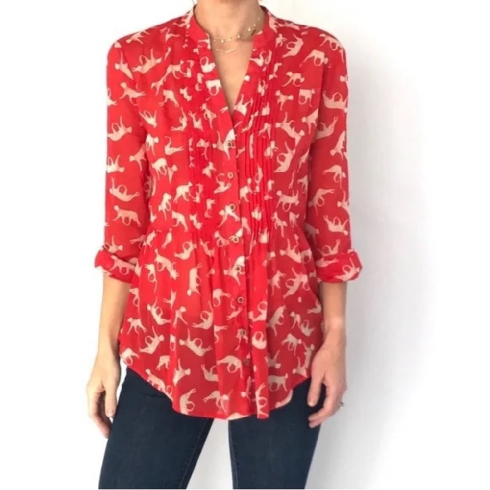 Anthropologie Maeve Red Cat Jungle Button Down Shirt Roll Tab Size 0